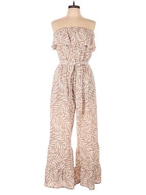 Strapless Leaf-Print Jumpsuit in Beige